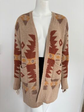 Beige Aztec Open-Front Cardigan with Rust & Mustard Accents